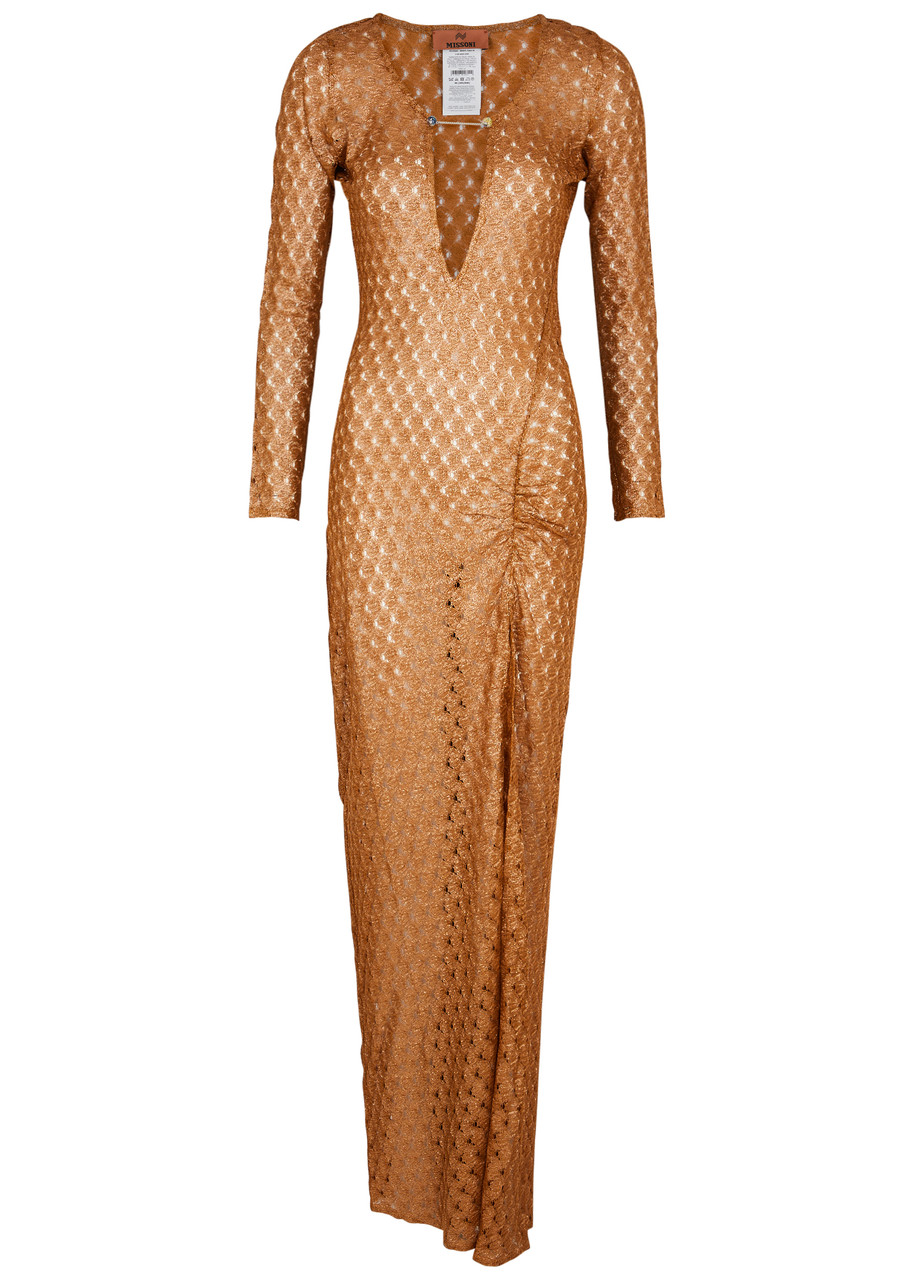Shop Missoni Metallic-weave Open-knit Maxi Dress In Tan