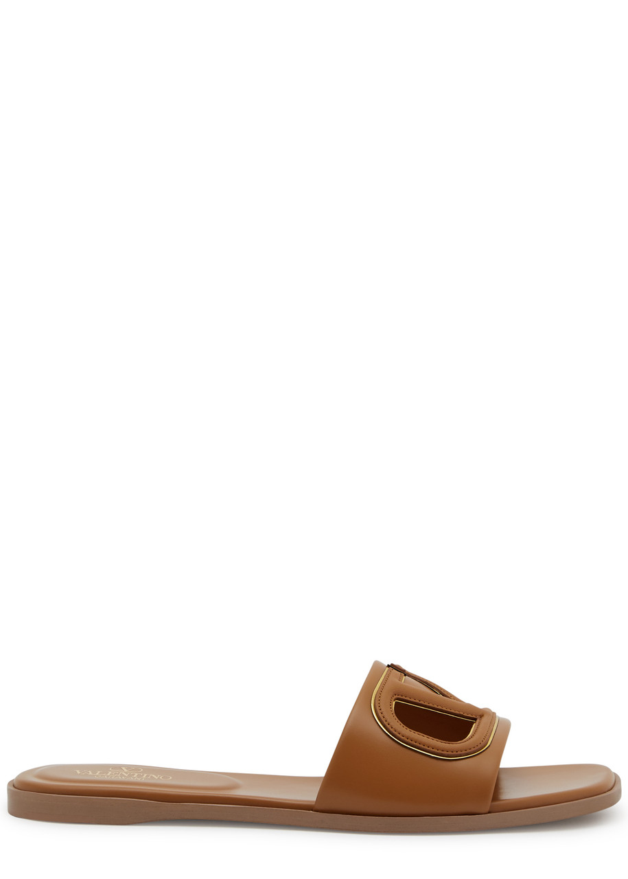 Shop Valentino Vlogo Leather Sliders In Beige