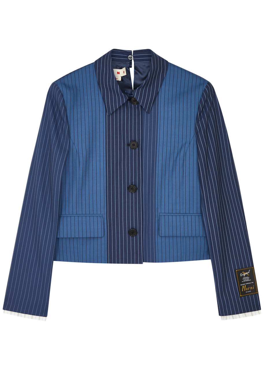 Marni Cropped Contrast Pinstripe Shirt Jacket In Blue