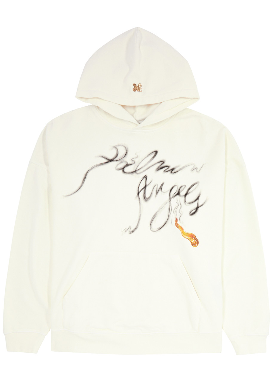 Shop Palm Angels Foggy Printed Hooded Cotton Sweatshirt In Off White