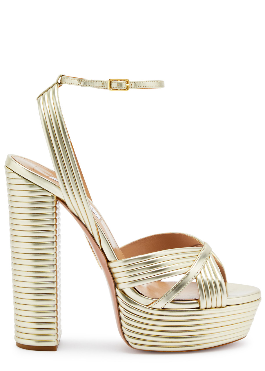 Aquazzura Sundance 140 Metallic Leather Platform Sandals - Gold - 6