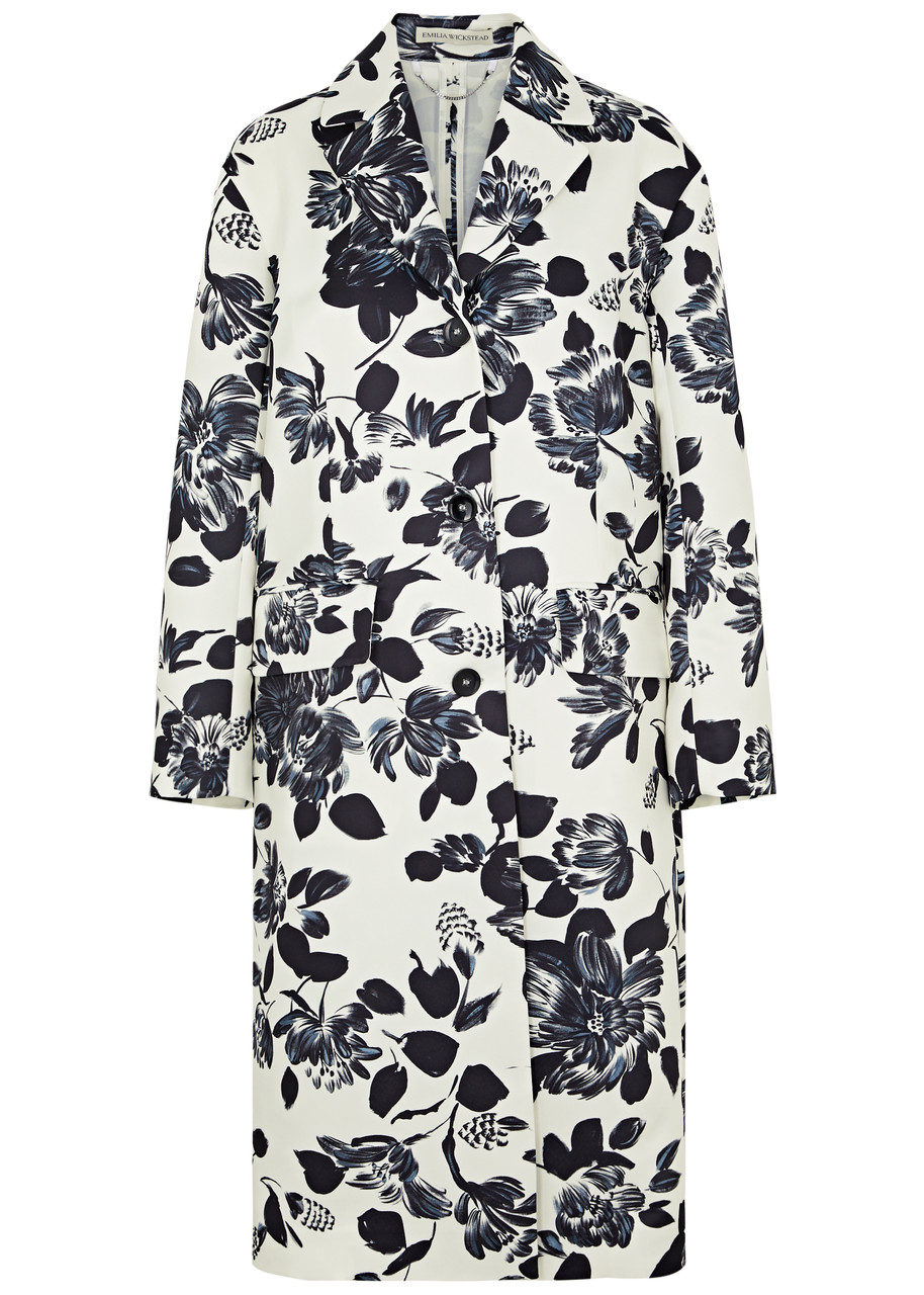 Shop Emilia Wickstead Kahu Floral-print Satin-twill Coat In White And Black