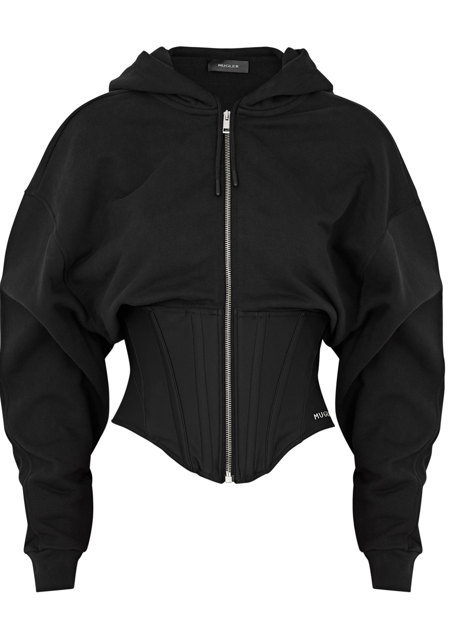 Shop Mugler Hooded Cotton-blend Corset Sweatshirt In Black