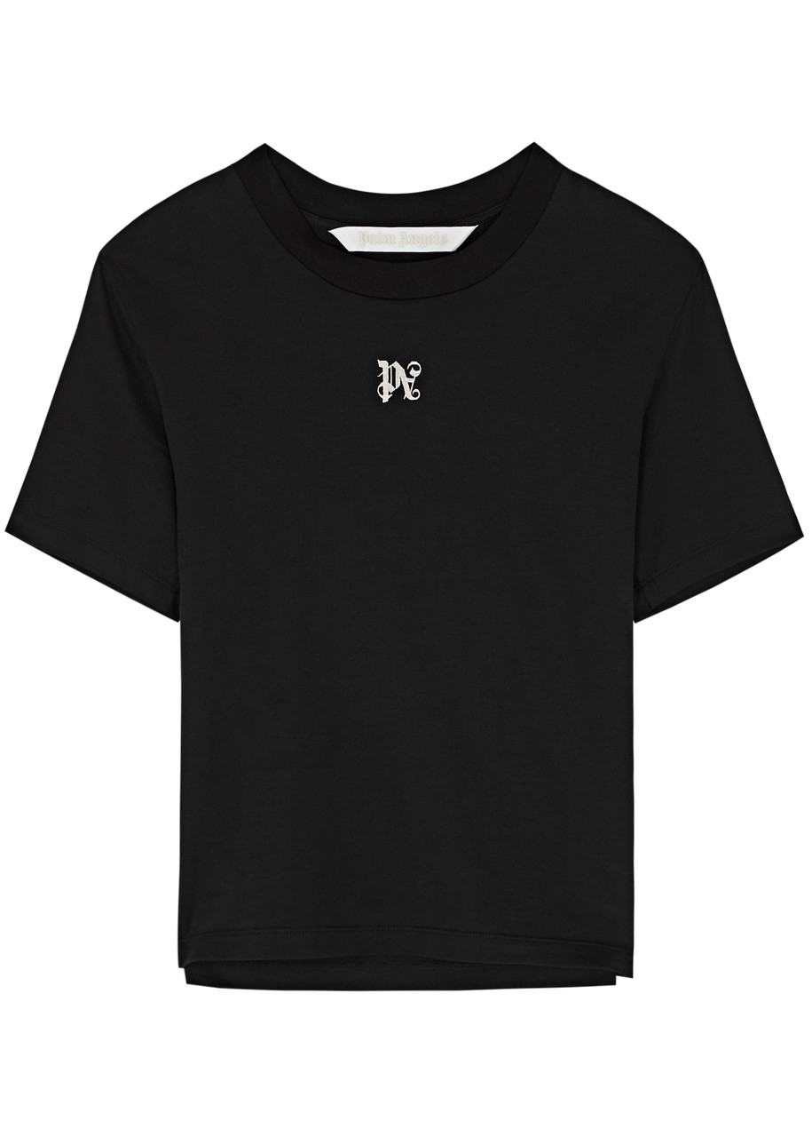 Shop Palm Angels Logo-embroidered Cotton T-shirt In Black And White