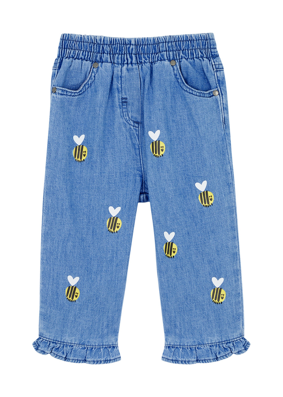 Shop Stella Mccartney Kids Bumblebee Printed Chambray Trousers In Blue Denim