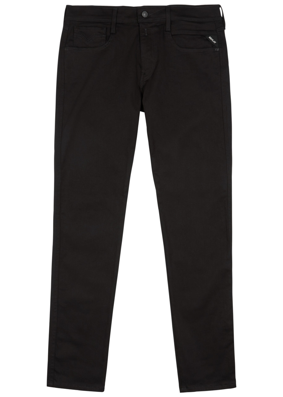 Shop Replay Anbas Hyperflex Re-used Slim-leg Jeans In Black