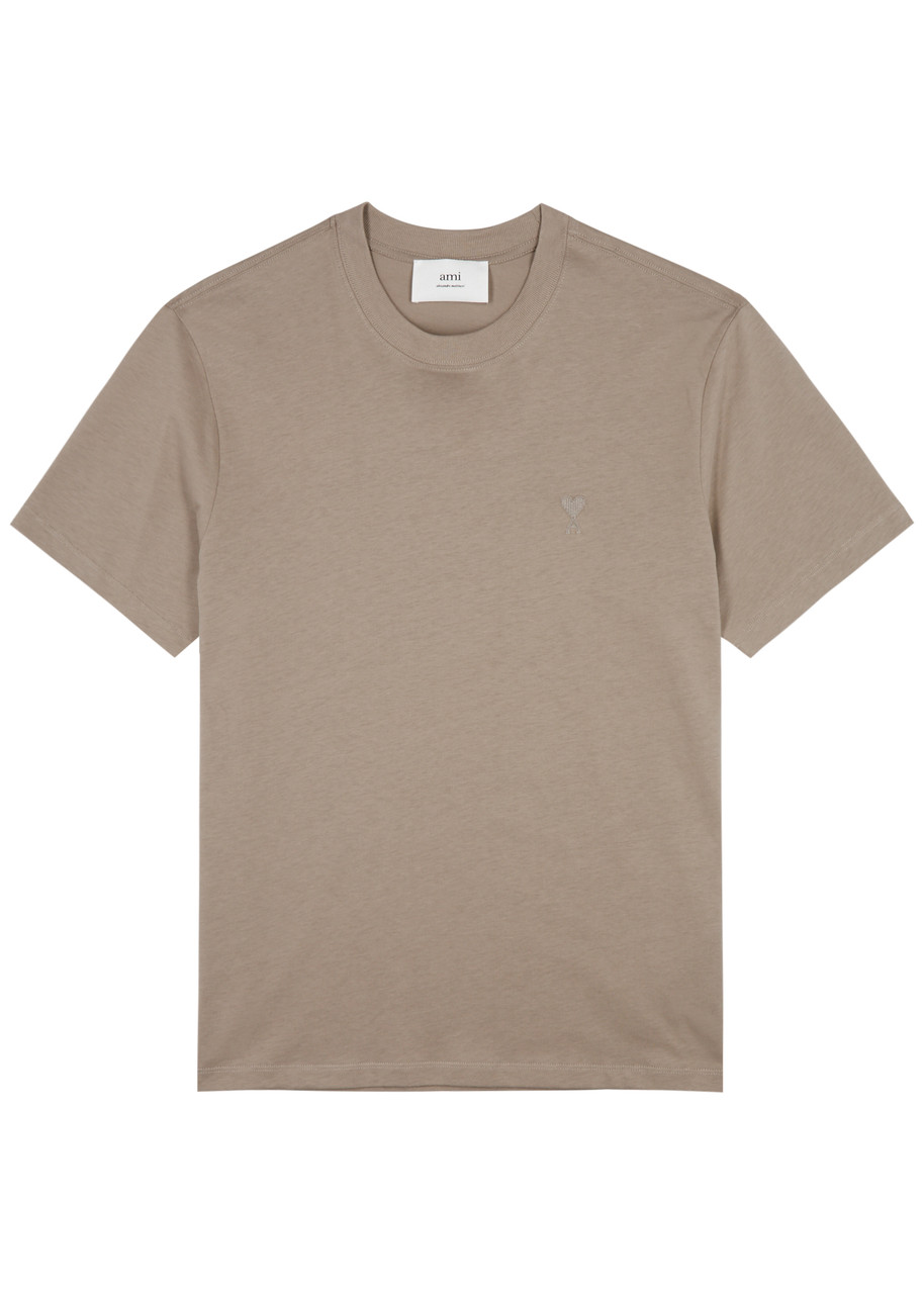 Shop Ami Alexandre Mattiussi Ami Paris Logo-embroidered Cotton T-shirt In Taupe