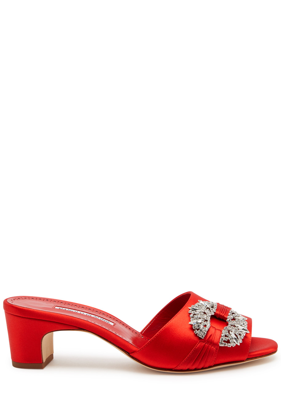 Shop Manolo Blahnik Prinap 50 Embellished Satin Mules In Red