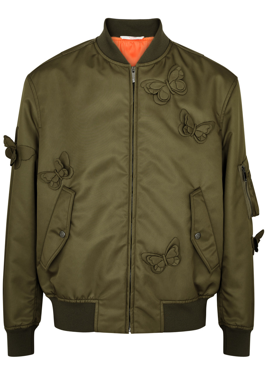 Shop Valentino Butterfly-appliquéd Nylon Bomber Jacket In Olive