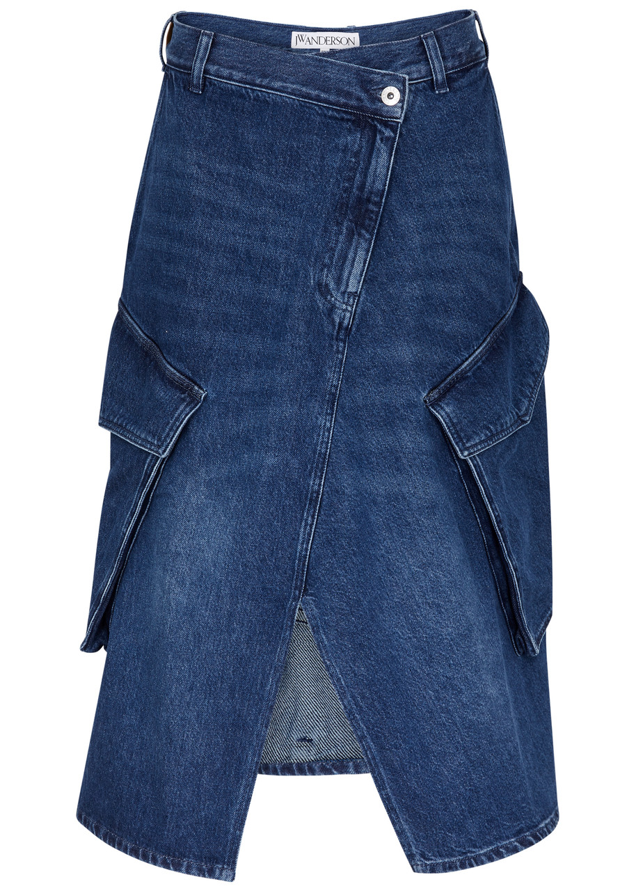 Shop Jw Anderson Asymmetric Denim Cargo Skirt In Blue