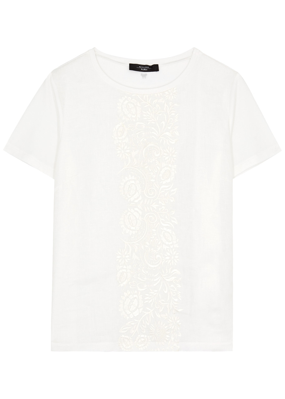 Shop Max Mara Magno Floral-embroidered Stretch-cotton T-shirt In White