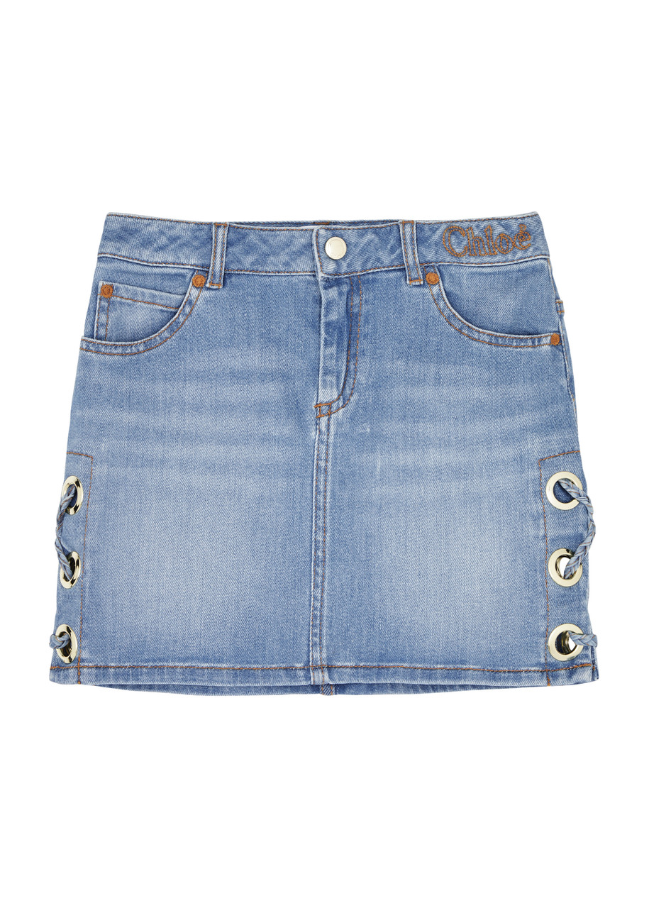 Shop Chloé Chloe Kids Lace-up Stretch-denim Skirt (6-12 Years) In Blue