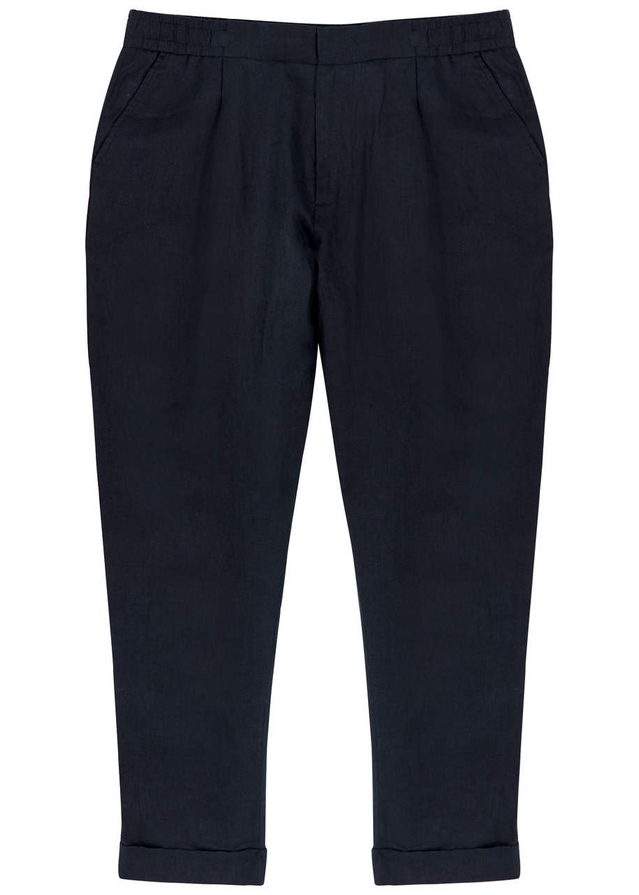 Shop Che Tapered Linen Trousers In Navy
