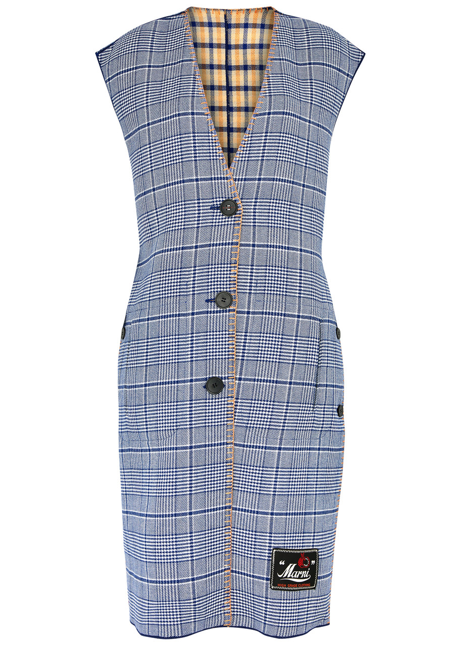 Shop Marni Reversible Checked Wool-blend Gilet In Blue