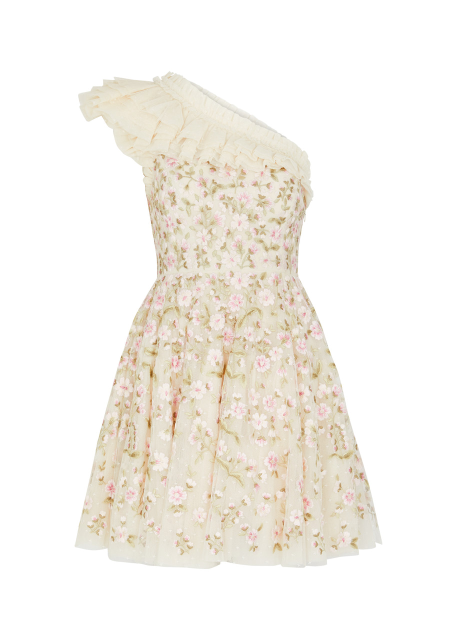 Shop Needle & Thread Posy Pirouette Floral-embroidered Tulle Mini Dress In Cream