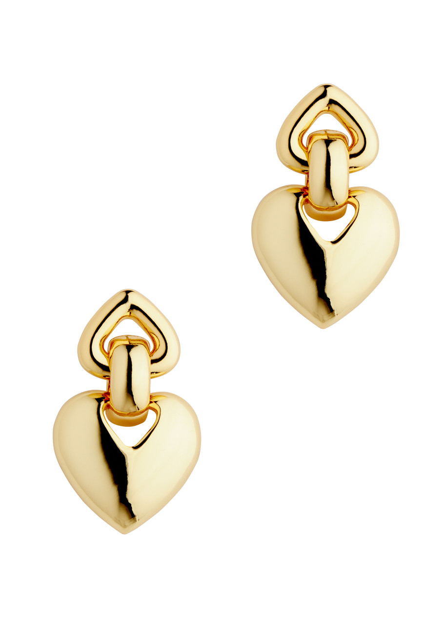 Shop Kenneth Jay Lane Double Heart Drop Earrings In Gold