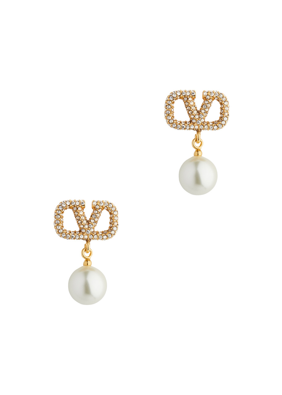 Shop Valentino Garavani Vlogo Crystal And Pearl-embellished Drop Earrings In Gold