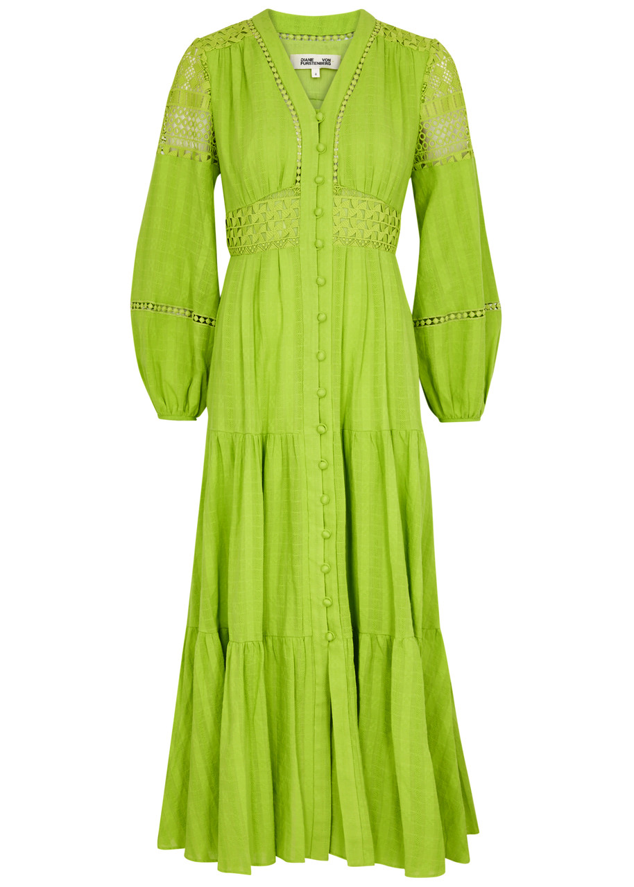Shop Diane Von Furstenberg Gigi Tiered Cotton Midi Dress In Light Green