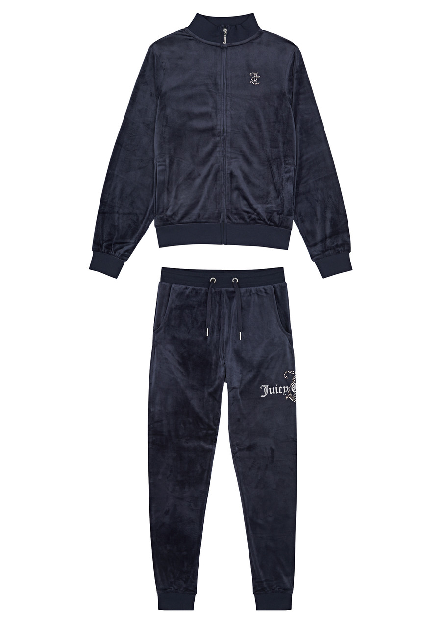Shop Juicy Couture Kids Logo-embellished Velour Tracksuit In Navy
