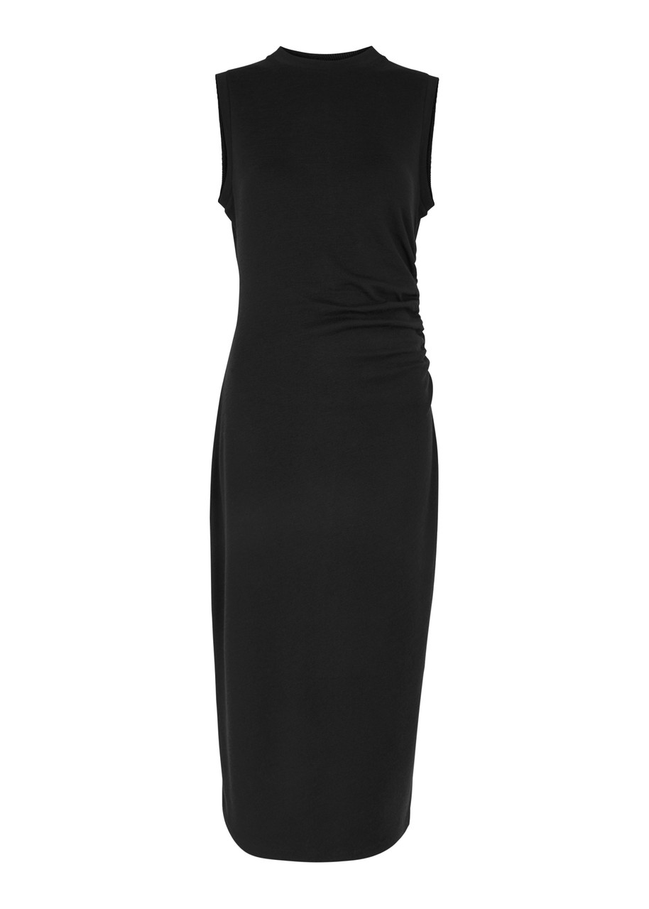 Shop Vince Ruched Knitted Midi Dress In Black