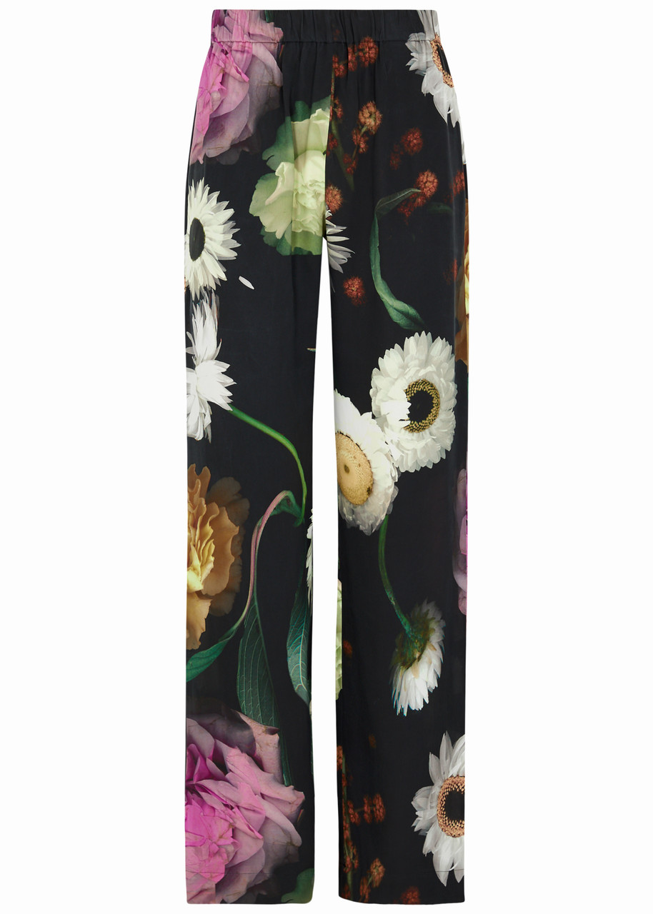 Shop Stine Goya Fatou Floral-print Satin Trousers In Black