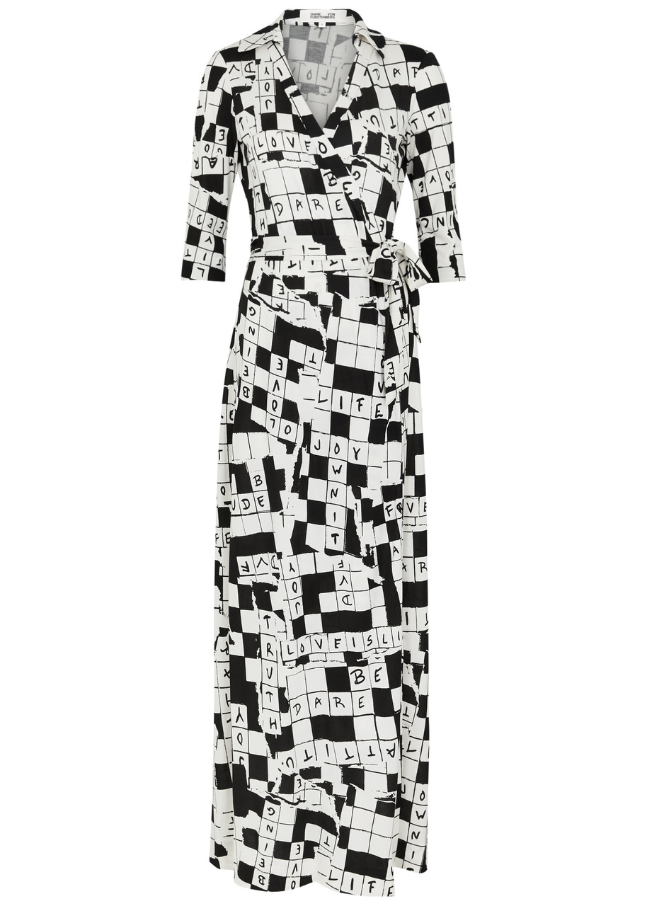 Shop Diane Von Furstenberg Abigail Printed Silk-jersey Maxi Wrap Dress In Black And White