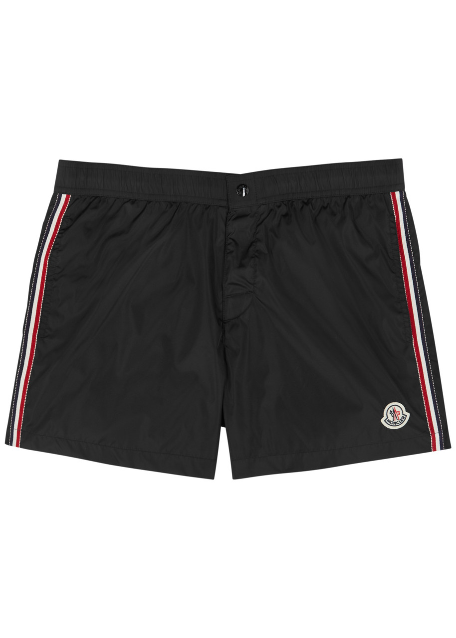 Shop Moncler Striped Logo Shell Swim Shorts In Black