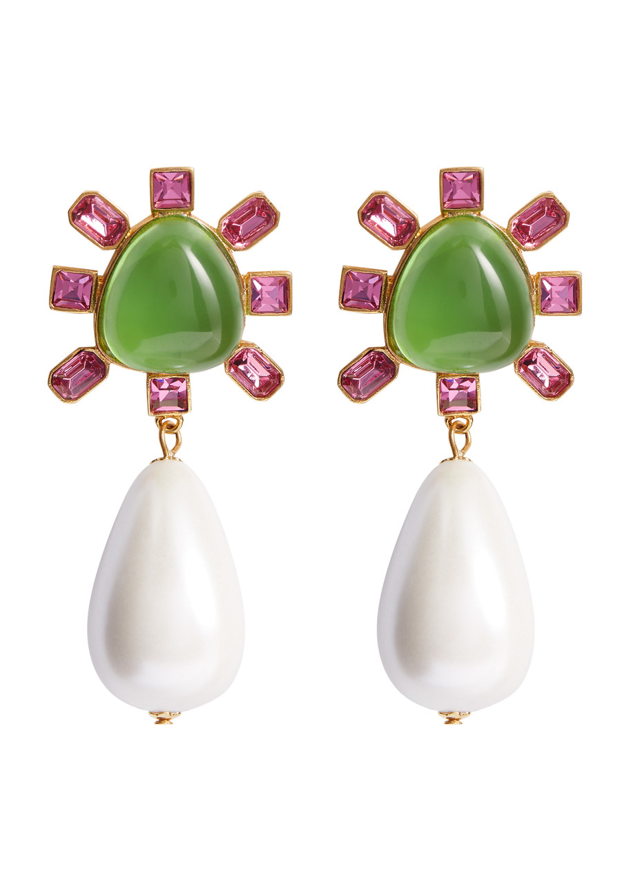 Shop Kenneth Jay Lane Crystal And Pearl-embellished Clip-on Drop Earrings In Green