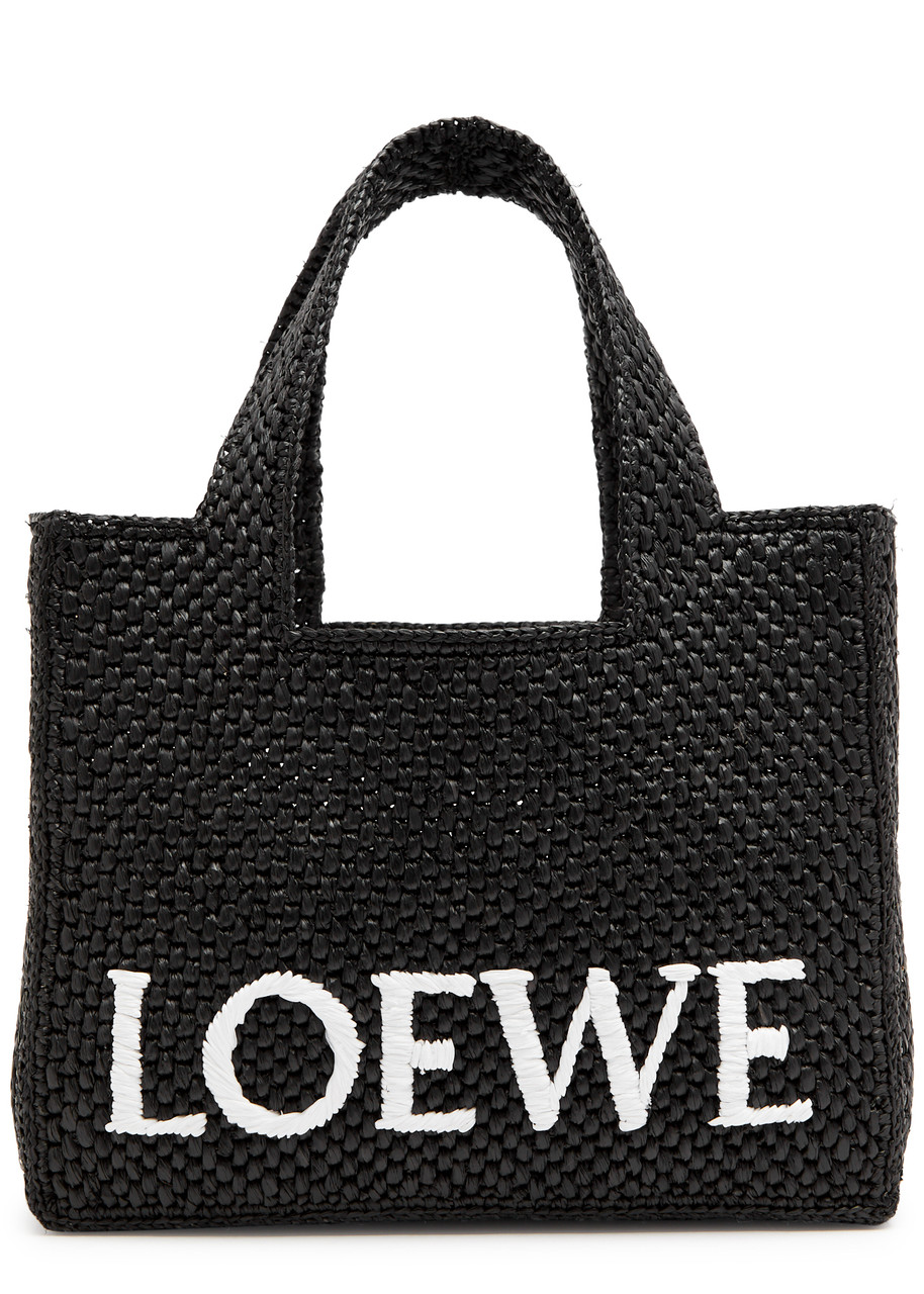 Loewe Logo Small Raffia Tote In Black