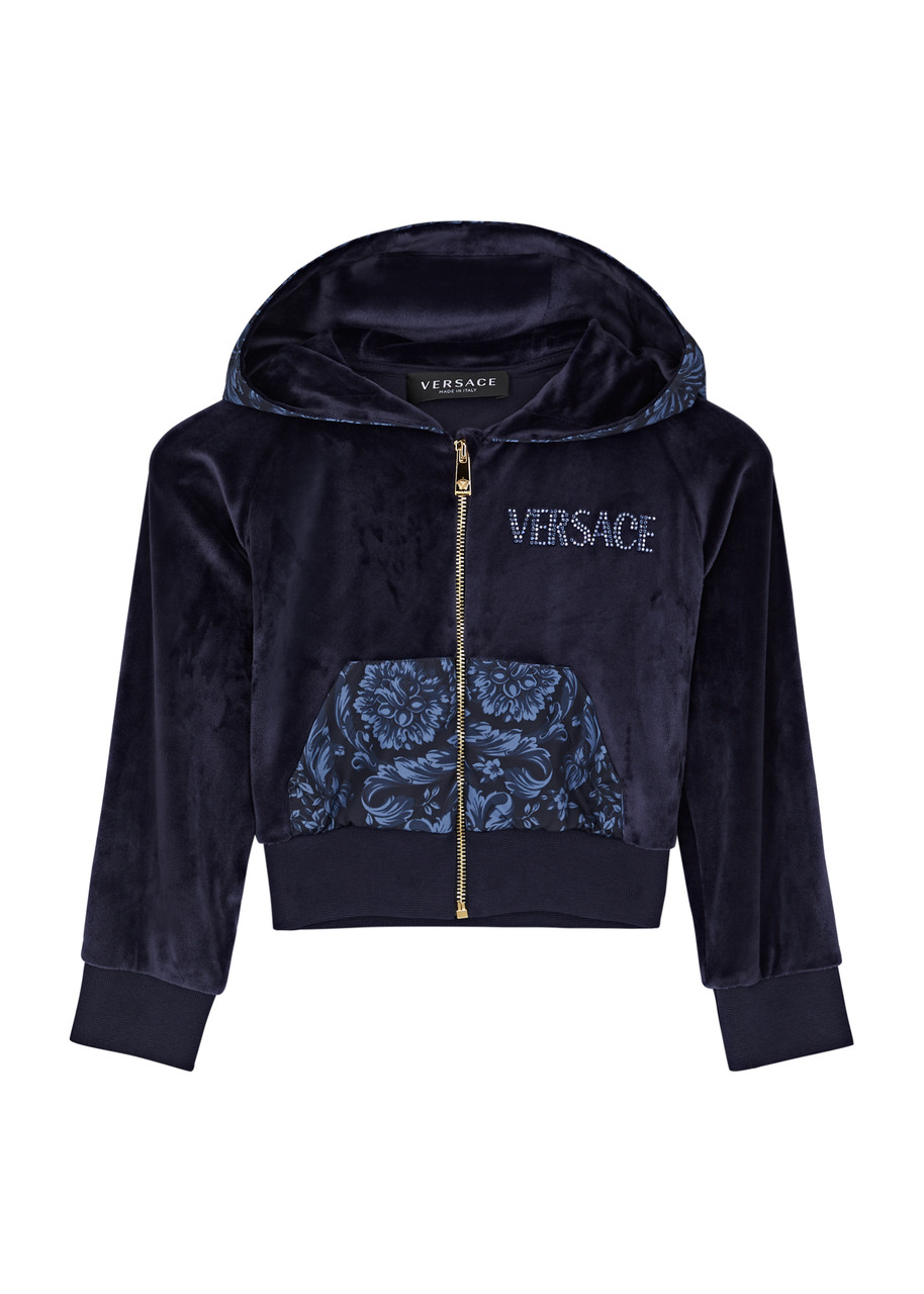 Shop Versace Kids Logo Hooded Velour Sweatshirt (4-6 Years) In Navy