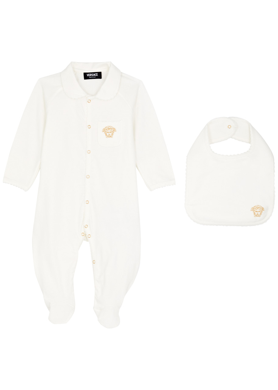 Shop Versace Kids Medusa-embroidered Stretch-cotton Babygrow Set In White