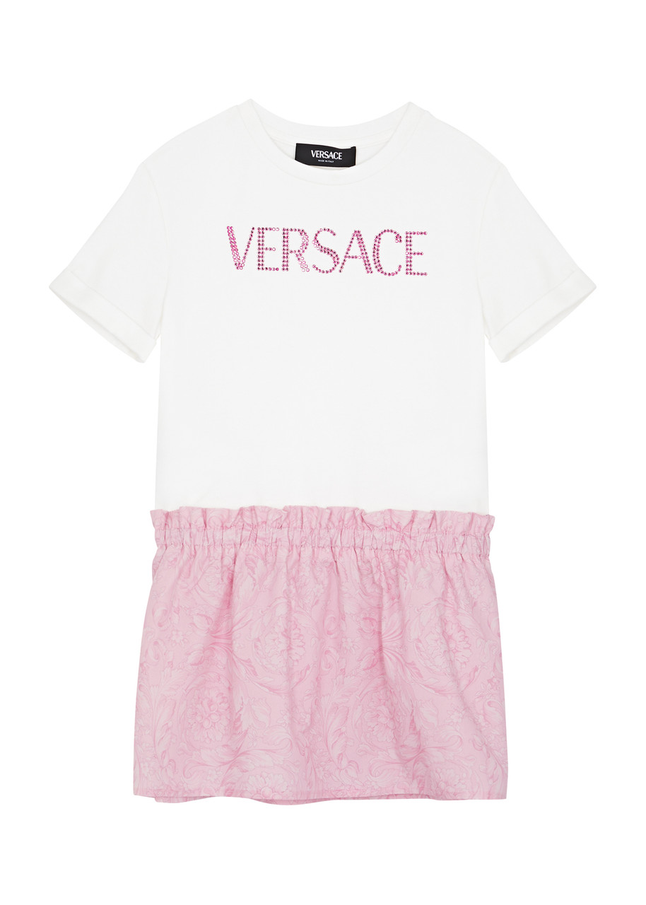 Versace Barocco Brand-embellished Stretch-cotton Dress 4-12 Years In White+pink