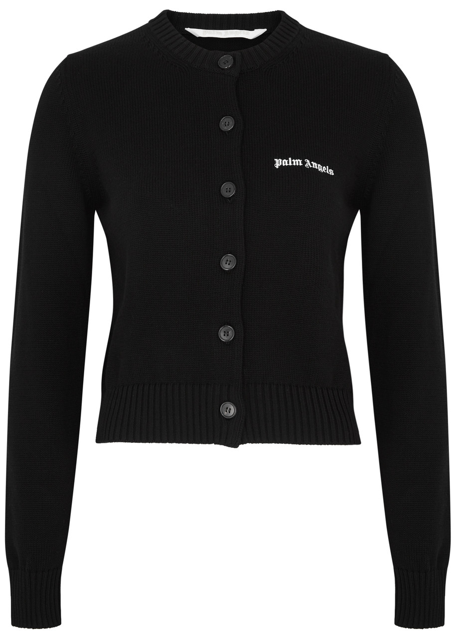 Shop Palm Angels Logo-embroidered Cotton Cardigan In Black And White