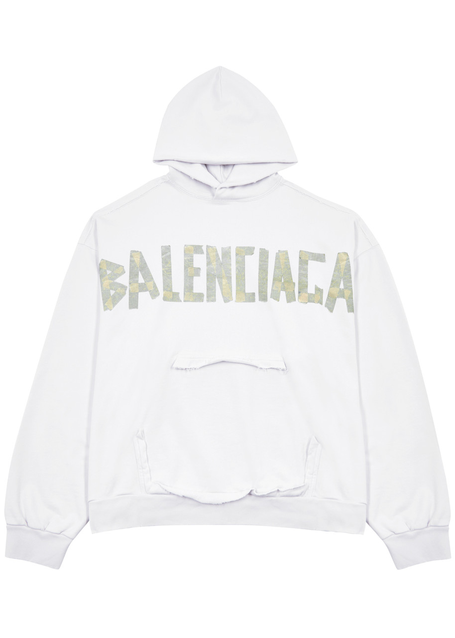 Shop Balenciaga Tape Type Hooded Cotton Sweatshirt In White