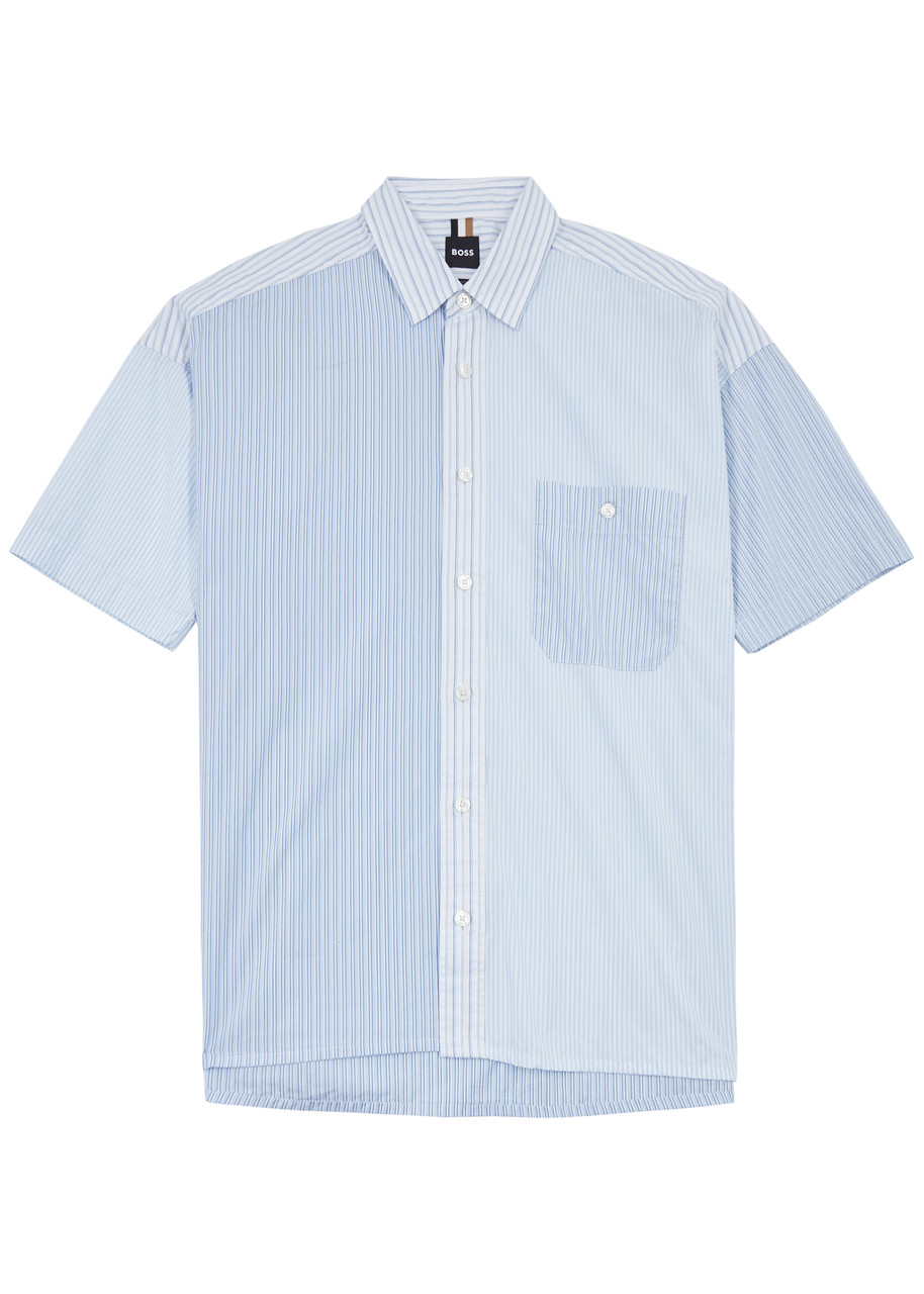 Shop Hugo Boss Boss Patchwork Striped Cotton Shirt In Blue