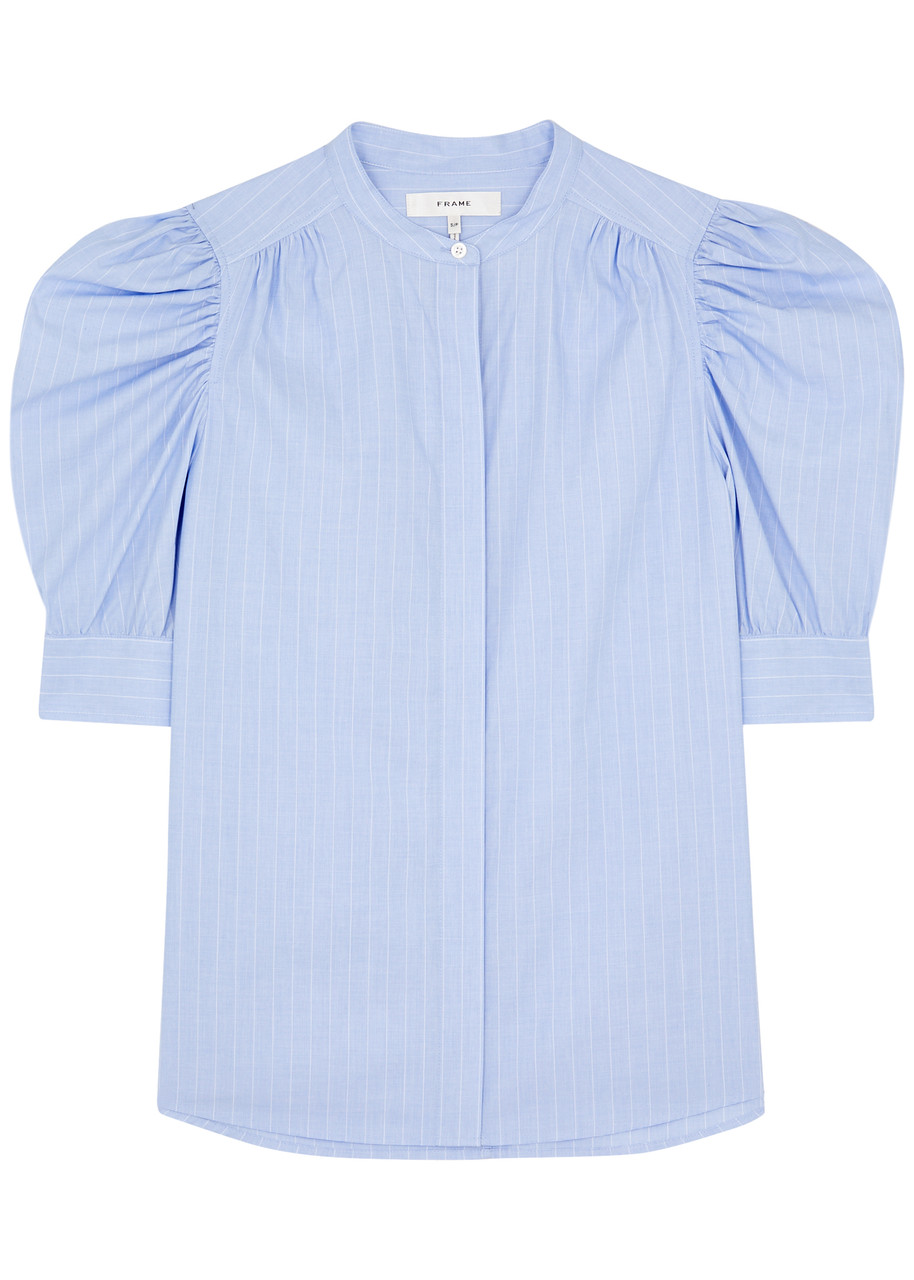 Shop Frame Striped Puff-sleeve Cotton Shirt In Blue