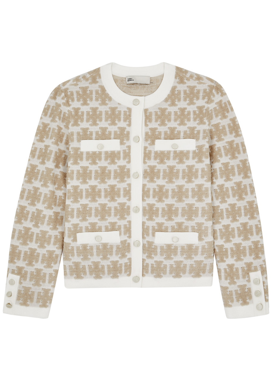 Tory Burch Kendra Logo-jacquard Bouclé Knitted Cardigan - Ivory - L (UK14 / L)