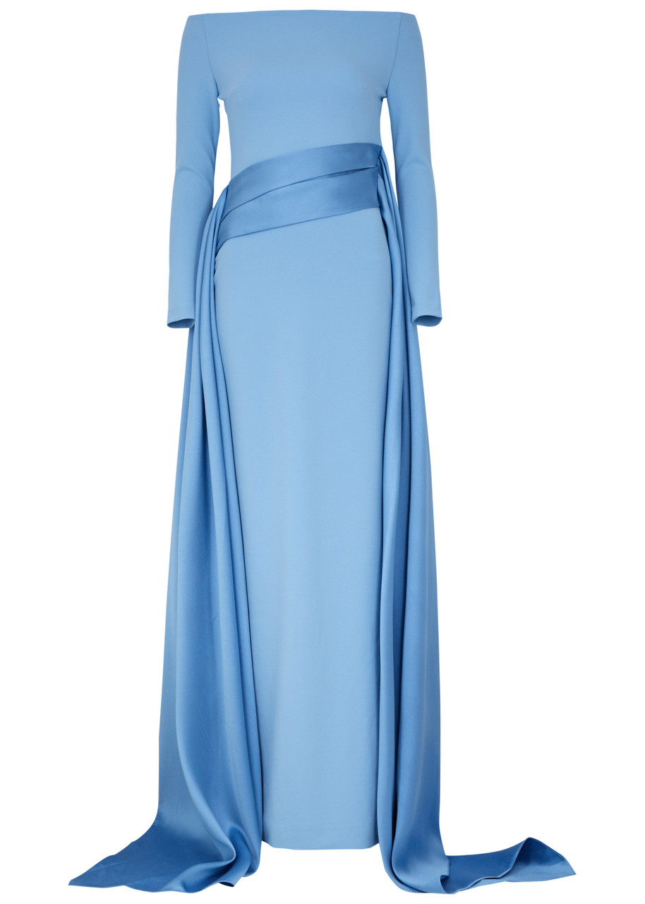 Solace London Irma Off-the-shoulder Draped Gown In Light Blue