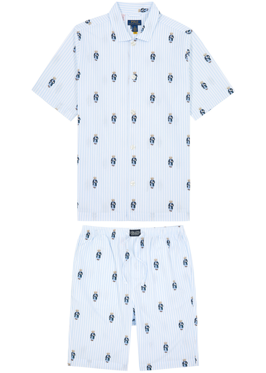 Polo Ralph Lauren Striped Bear-print Cotton Pyjama Set In Light Blue