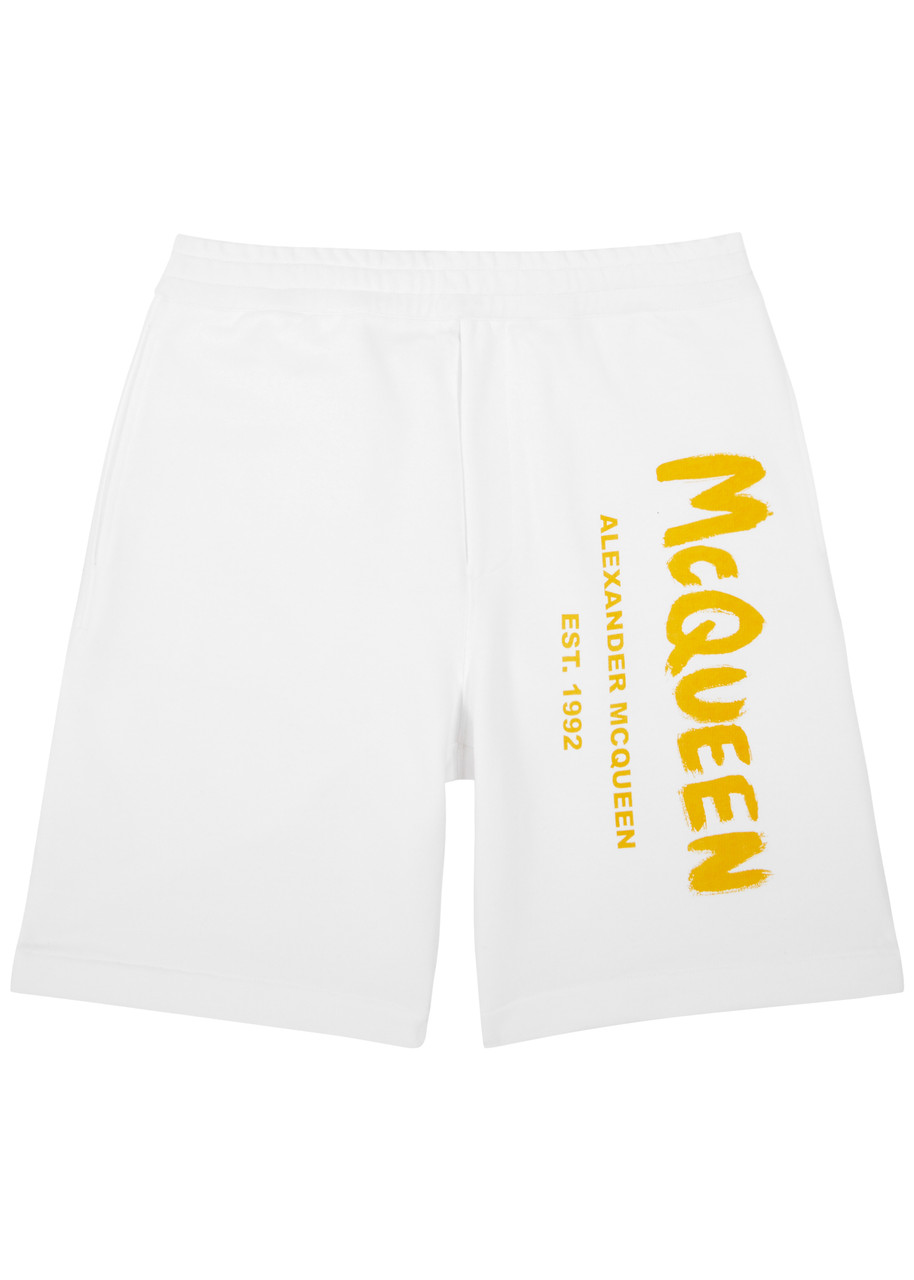 Alexander Mcqueen Graffiti Logo-print Cotton Shorts In White