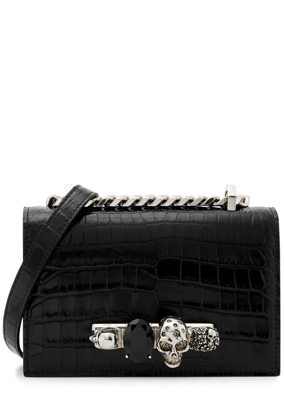Alexander Mcqueen The Jewelled Satchel Mini Crocodile-effect Leather Cross-body Bag In Black