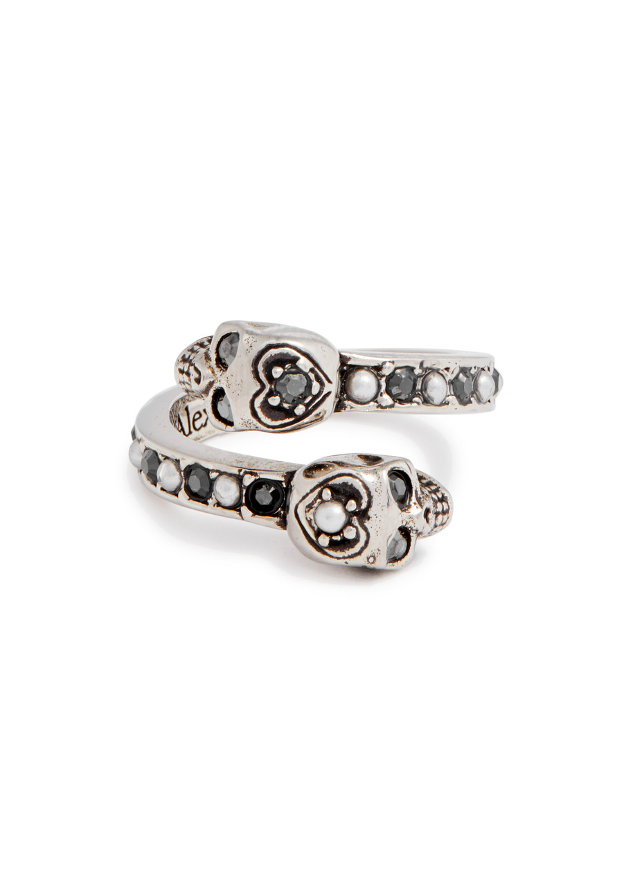 Alexander Mcqueen Double-skull Embellished Ring In Silver