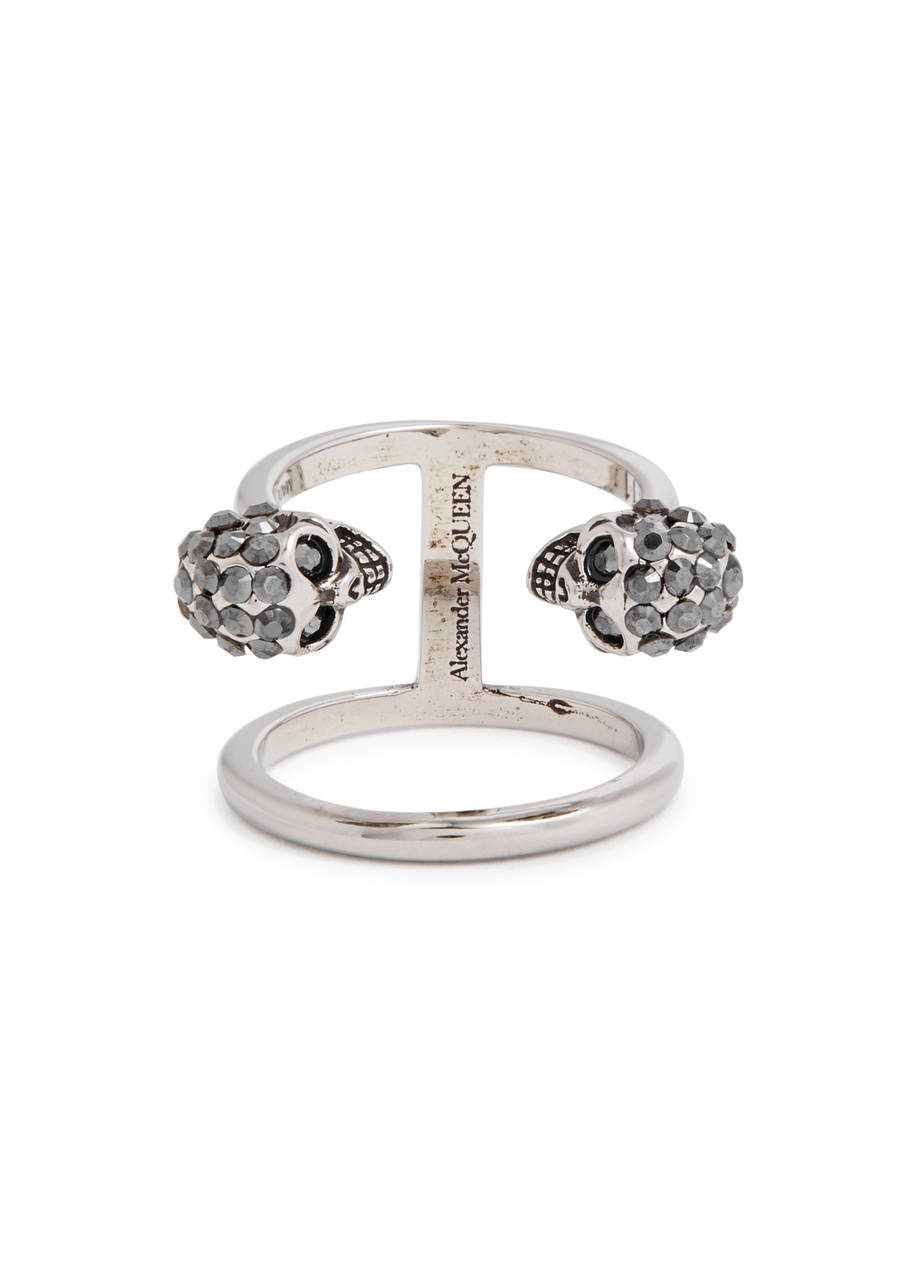 Alexander Mcqueen Twin Skull Crystal-embellished Ring In Silver