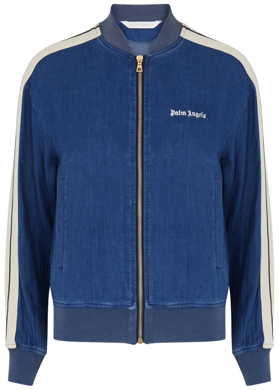 Palm Angels Striped Chambray Bomber Jacket In Indigo