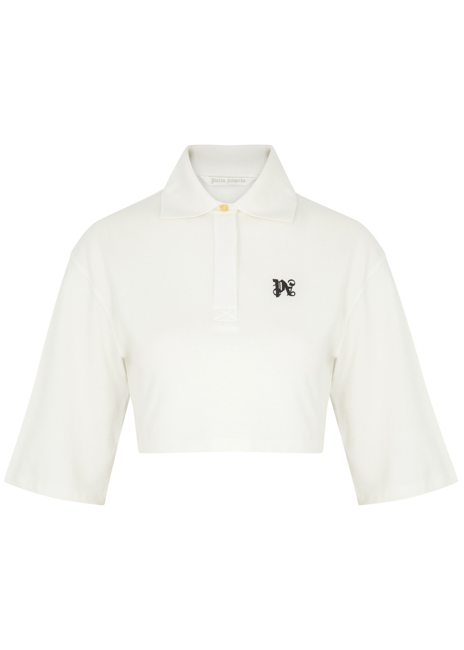 Shop Palm Angels Logo Cropped Piqué Cotton Polo Shirt In Off White