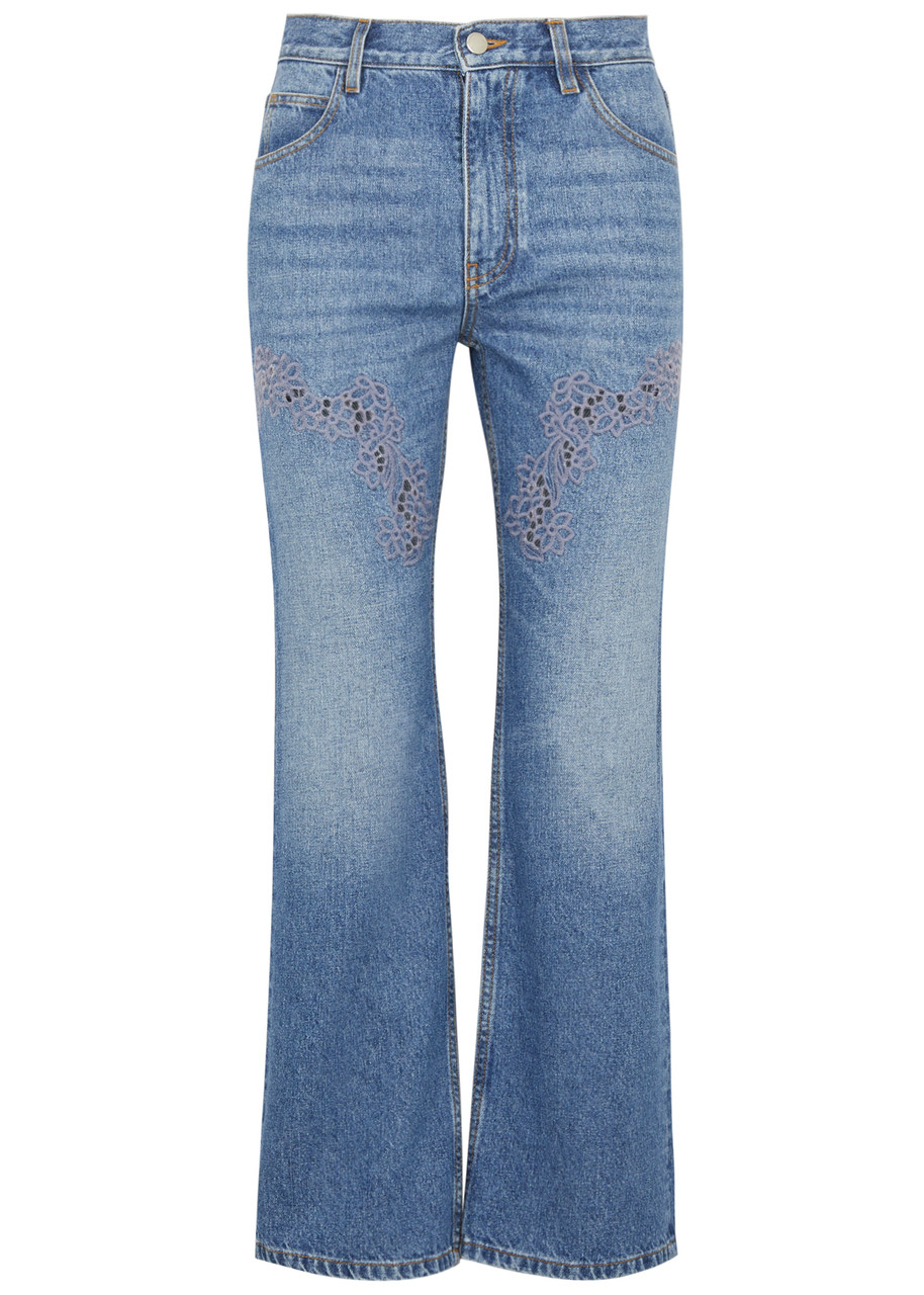 Chloé Chloe Cut-out Embroidered Bootcut Jeans In Denim