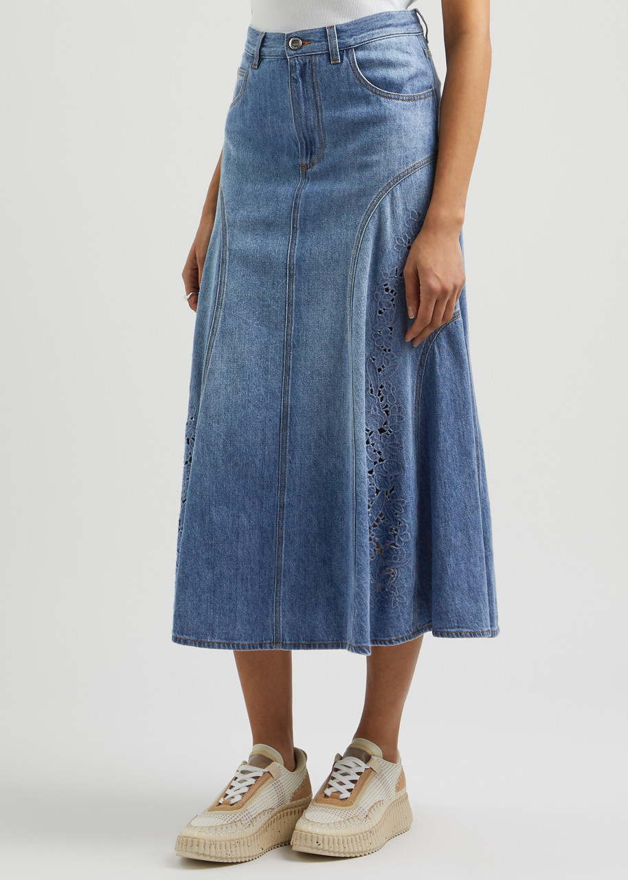 Shop Chloé Chloe Cut-out Embroidered Denim Midi Skirt