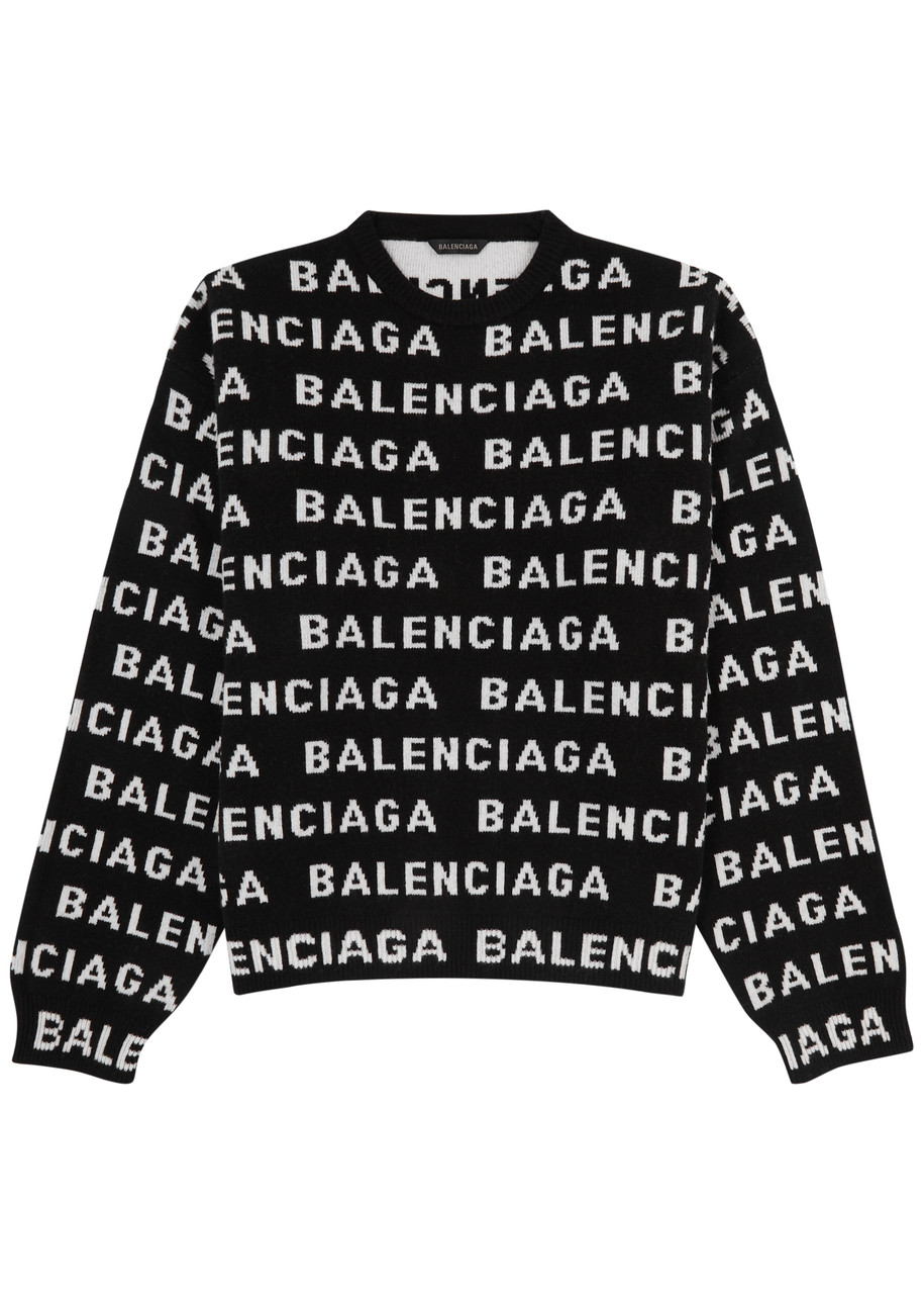 Shop Balenciaga Logo-intarsia Wool-blend Jumper In Black