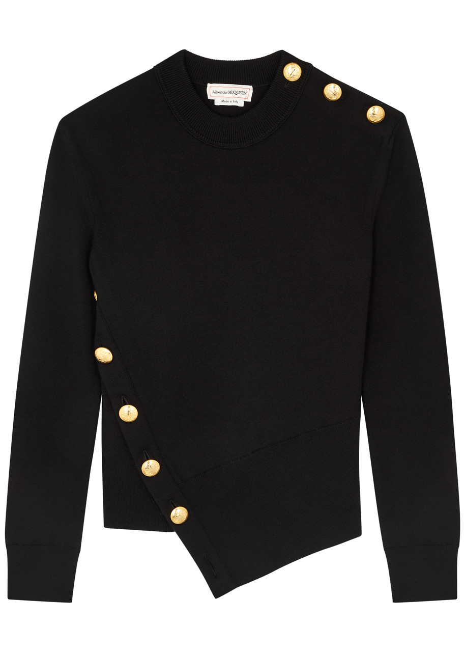 Alexander Mcqueen Asymmetric Embellished Wool-blend Jumper In Black