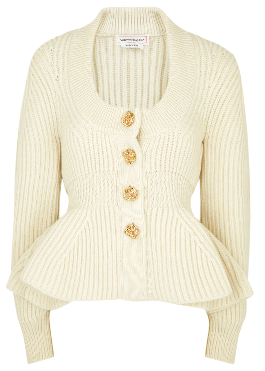 Alexander Mcqueen Ribbed Peplum Wool-blend Cardigan In Ivory